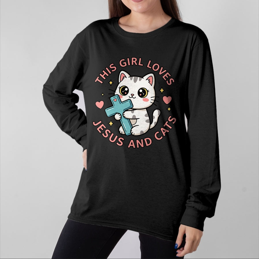 Cat Love Shirt, Funny Cat Lover Gift UnisexT-Shirt/Hoodie/Sweatshirt HLT00 - Christian This Girl Loves Jesus and Cats Cat Hugging Cross T-Shirt
