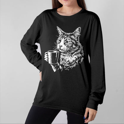 Cat Love Shirt, Funny Cat Lover Gift UnisexT-Shirt/Hoodie/Sweatshirt HLT00 - Cat Drinking Coffee Lover Barista Funny Animal Tired Cat T-Shirt