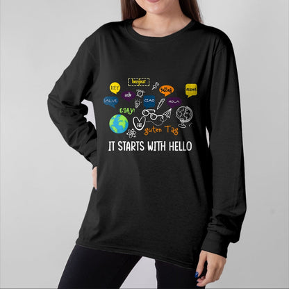 Best Teacher Shirt, Funny Teacher UnisexT-Shirt/Hoodie/Sweatshirt HLT00 - It Starts with Hello Friendship Inclusion Language Teacher T-Shirt (1)