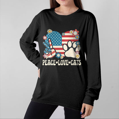 Cat Love Shirt, Funny Cat Lover Gift UnisexT-Shirt/Hoodie/Sweatshirt HLT00 - Peace Love Cats American Flag Patriotic Cat Lover Retro Cat T-Shirt