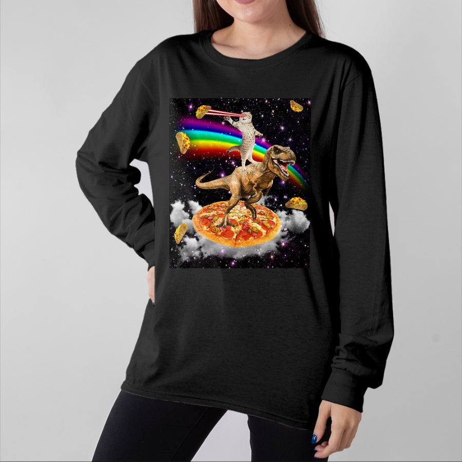 Cat Love Shirt, Funny Cat Lover Gift UnisexT-Shirt/Hoodie/Sweatshirt HLT00 - Galaxy Laser Cat on Dinosaur on Pizza with Tacos & Rainbow T-Shirt