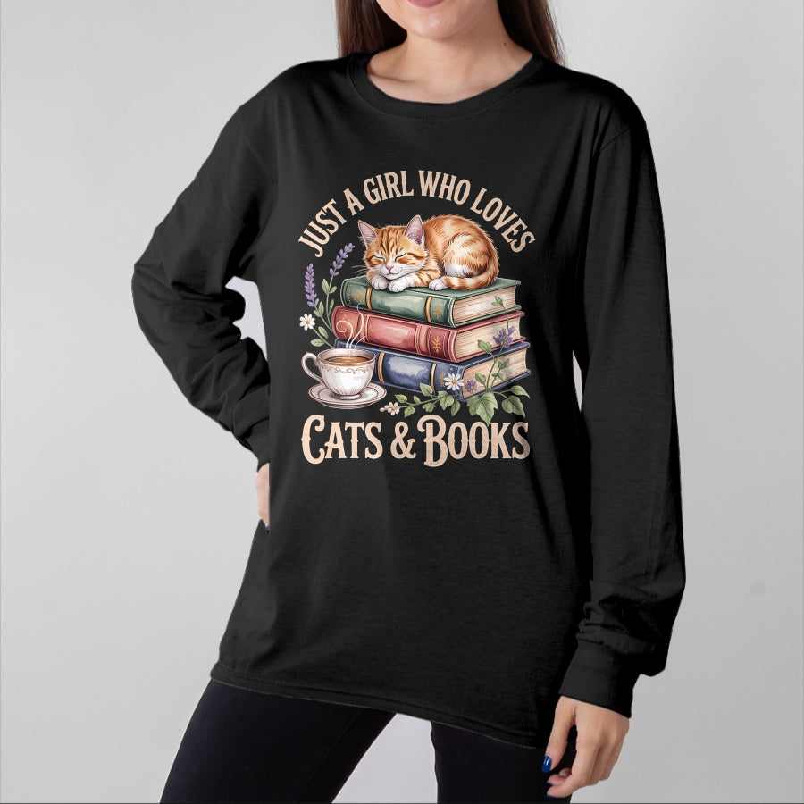 Cat Love Shirt, Funny Cat Lover Gift UnisexT-Shirt/Hoodie/Sweatshirt HLT00 - Just A Girl Who Loves Cats and Books Reading Librarian T-Shirt (1)