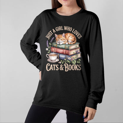 Cat Love Shirt, Funny Cat Lover Gift UnisexT-Shirt/Hoodie/Sweatshirt HLT00 - Just A Girl Who Loves Cats and Books Reading Librarian T-Shirt (1)