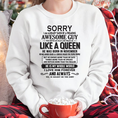 November - Sorry I am already taken by a freaking awesome guy - Gift for Wife From Husband - HLT11 (SKU08-25-11)