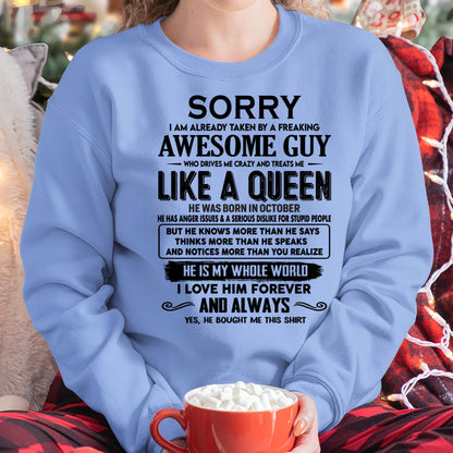October - Sorry I am already taken by a freaking awesome guy - Gift for Wife From Husband - HLT10 (SKU-SRG-10)