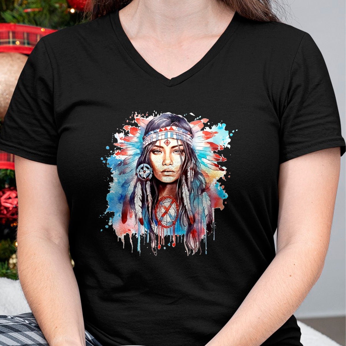 Native American T-Shirts, Vintage Native American Unisex T-Shirt/Hoodie/Sweatshirt HLT00 - Native American day indigenous girl with feathers T-Shirt (1)
