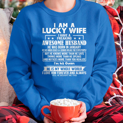 Best Wife Shirt, Wife and Husband Unisex T-Shirt/Hoodie/Sweatshirt HLT00 - Gift for wife T shirt, lucky wife   I Am A Lucky Wife I Have A Freaking Awesome Husband JANUARY Prem