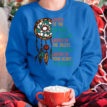 Native American T-Shirts, Vintage Native American Unisex T-Shirt/Hoodie/Sweatshirt HLT00 - Listen To The Wind It Talks Fun Native American Day Graphic Long Sleeve T-Shirt (1)