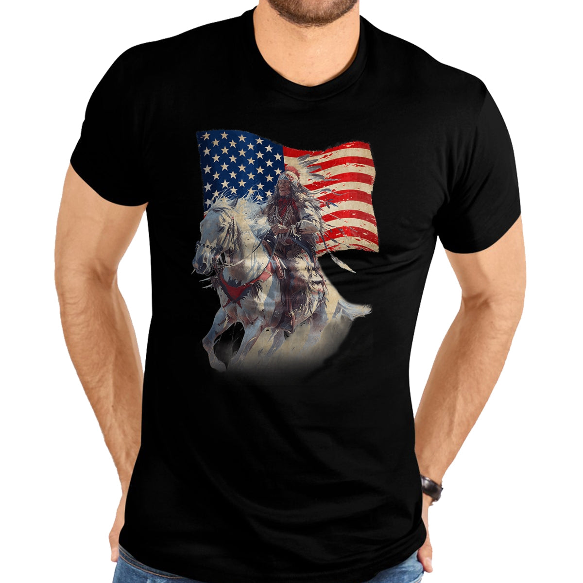 Native American T-Shirts, Vintage Native American Unisex T-Shirt/Hoodie/Sweatshirt HLT00 - Native American Day Flag Indian Riding Horse 4th of July T-Shirt (1)