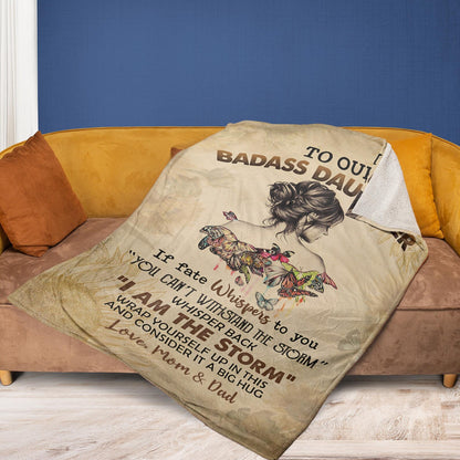 To Our Badass Daughter Blanket, Inspirational Butterfly Sherpa Fleece Throw, Christmas Birthday Gift for Daughter- From Mom & Dad