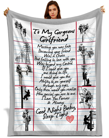 To My Gorgeous Girlfriend Blanket, Lineman Gift for Girlfriend, Romantic Birthday Christmas Gift From Boyfriend