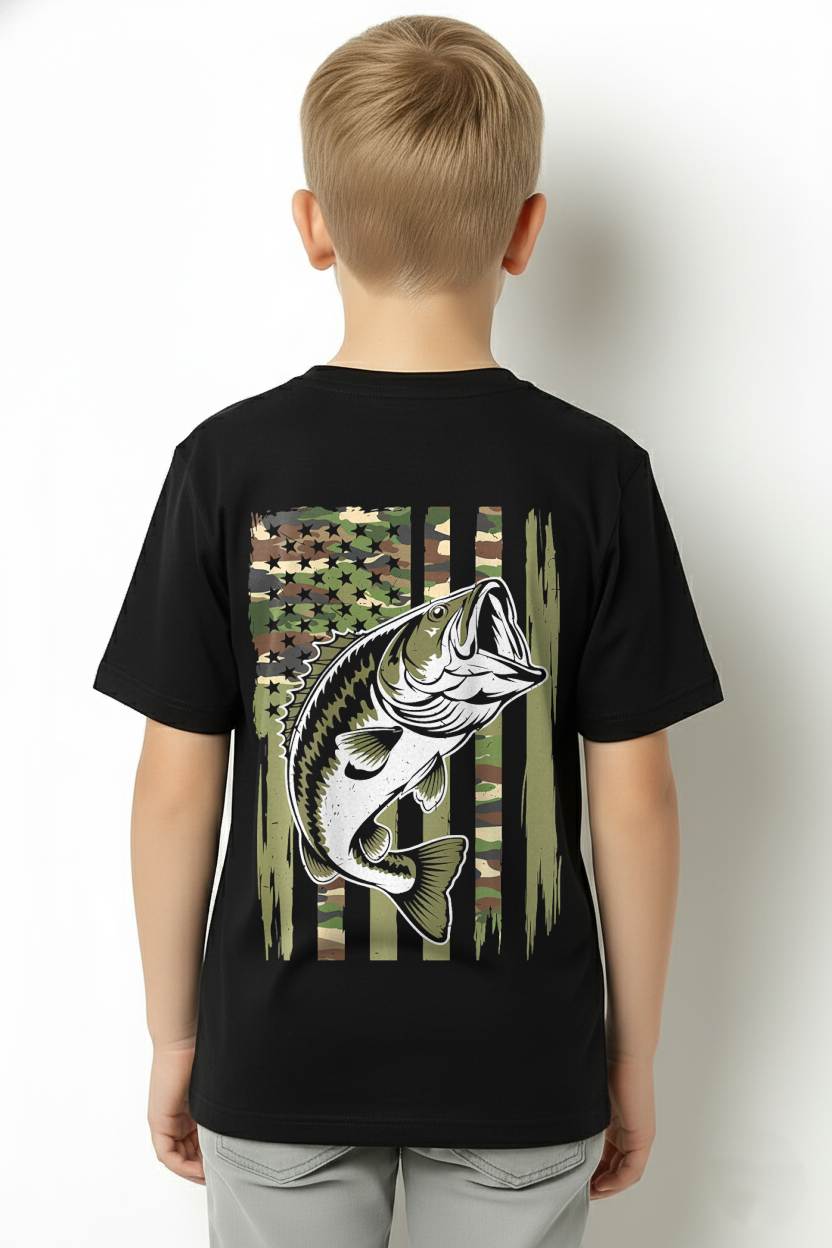 YOUTH CAMO FISHING BASS FISH AMERICAN FLAG PATRIOTIC MEN BOY- SHIRT FOR MEN - HLT00 ( SKU2609-TM-04)