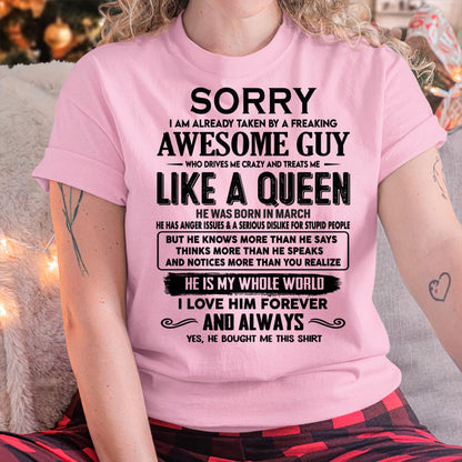 March - Sorry I am already taken by a freaking awesome guy - Gift for Wife From Husband - HLT03 (SKU-SRG-03)